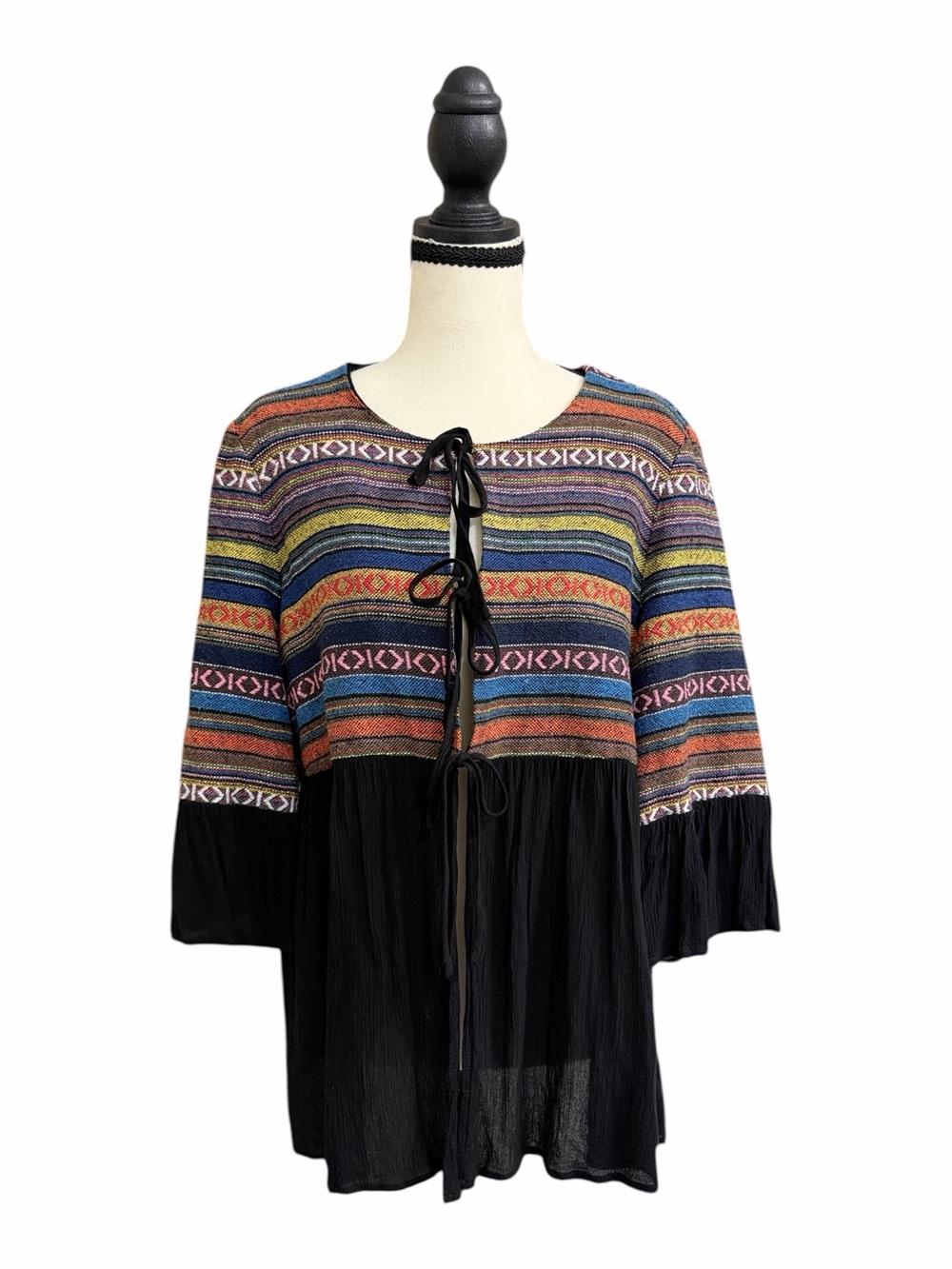 Pleione Boho Multi-Stripe & Black Tie-Front Women's Sweater